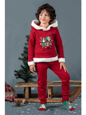 NSE Collection Unisex Çocuk Yılbaşı Christmas Noel Temalı Jingle Bells Model Kapüşonlu 3 Ip Şardonlu 2 Parça Alt Üst Takım