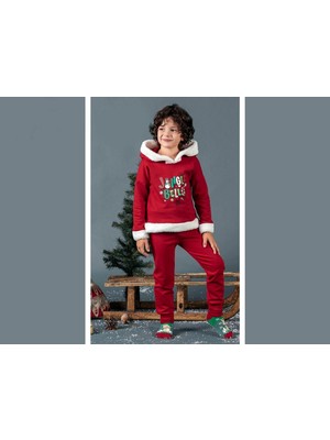 NSE Collection Unisex Çocuk Yılbaşı Christmas Noel Temalı Jingle Bells Model Kapüşonlu 3 Ip Şardonlu 2 Parça Alt Üst Takım