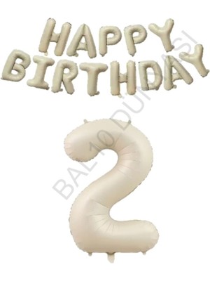 Bej Rengi Happy Bırthday ve Rakam Folyo Balon Seti Yaş 2