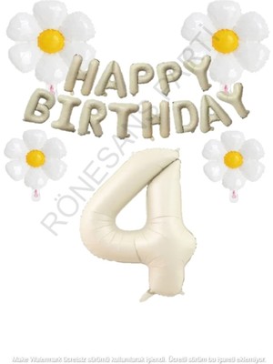 Bej Rengi Happy Bırthday Set Rakam ve Papatya Folyo Balon Seti Yaş 4