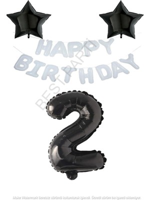 Beyaz Happy Bırthday Set Siyah Yıldız ve Rakam Folyo Balon Seti Yaş 2