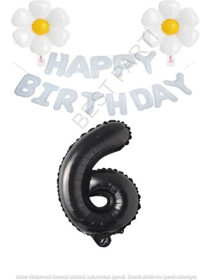 Beyaz Happy Bırthday Set Papatya ve Siyah Rakam Folyo Balon Seti Yaş 6
