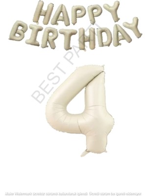 Bej Rengi Happy Bırthday ve Rakam Folyo Balon Seti Yaş 4