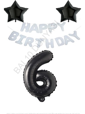 Beyaz Happy Bırthday Set Siyah Yıldız ve Rakam Folyo Balon Seti Yaş 6