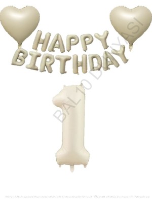 Bej Rengi Happy Bırthday Set Kalp ve Rakam Folyo Balon Seti Yaş 1