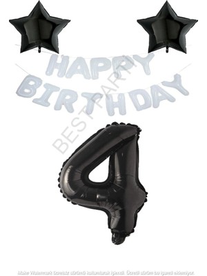 Beyaz Happy Bırthday Set Siyah Yıldız ve Rakam Folyo Balon Seti Yaş 4