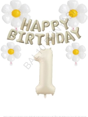 Bej Rengi Happy Bırthday Set Rakam ve Papatya Folyo Balon Seti Yaş 1