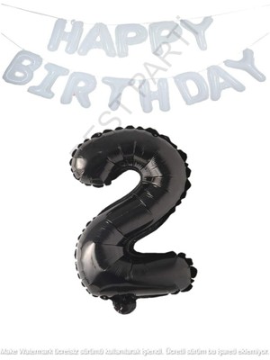 Beyaz Happy Bırthday Set ve Siyah Rakam Folyo Balon Seti Yaş 2