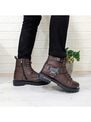 Conteyner 536 Kahverengi Fermuarlı Bağacaklı Erkek Motorcu Bot