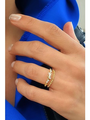 Ose Shop 925AYAR Gümüş Üzerine Altın Kaplama Tasarım El Işi Mineli Ayarlanabilir Kadın Yüzük