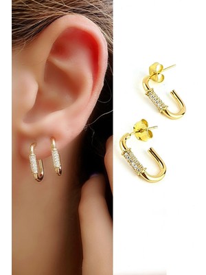 Ose Shop Zirkon Taş Detaylı 925AYAR Gümüş Üzerine Altın Kaplama Tasarım Oval Küpe