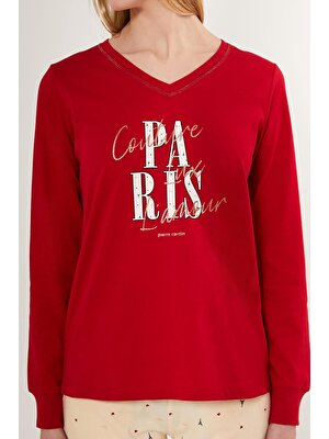 Pierre Cardin Paris Yazı Baskılı Mevsimlik Kadın Pijama Takım, %100 Pamuklu Uzunkol V Yaka Penye Pijama Takım