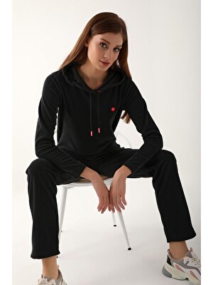 Pierre Cardin Kadın Siyah Uzunkol Kapşonlu Pijama Takım