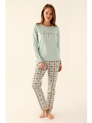 Pierre Cardin Kadın Pamuklu Mevsimlik Pijama Takım, Üst Düz Renk Yazılı Alt Ekoseli Kadın Pijama Takım