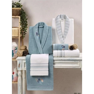 Kristal Soft Cotton Nakışlı 6 Parça Aile Bornoz Takımı Ekru-Mavi