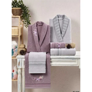 Kristal Soft Cotton Nakışlı 6 Parça Aile Bornoz Takımı Gri-Leylak