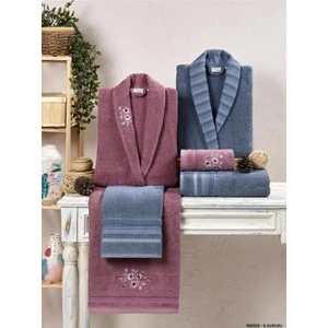 Kristal Soft Cotton Nakışlı 6 Parça Aile Bornoz Takımı Indigo-Gülkurusu