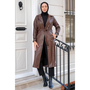Hafsa Mina Kruvaze Yaka Deri Trençkot Kahverengi HM2296