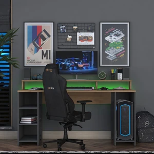 HA122 LED Işıklı Kumandalı Rgb Raflı Oyuncu Bilgisayar Masası Çalışma Masası Sepet Ceviz - Antrasit