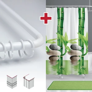 Tropik Home Bamboo Desen Banyo Perdesi Askı Hediyeli 180X200CM Tek Kanat Yeşil Duş Perdesi, L Boru Hediyeli