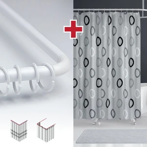 Tropik Home Geometrik Gri Desen Banyo Perdesi Askı Hediyeli 180X200CM Tek Kanat Duş Perdesi, L Boru Hediyeli