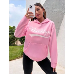 Kadın Pembe Brooklyn Baskılı Oversize Kapüşonlu Sweatshirt