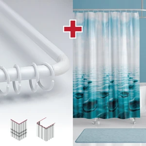 Tropik Home Taş Desen Banyo Perdesi Askı Hediyeli 180X200CM Tek Kanat Mavi Duş Perdesi, L Boru Hediyeli