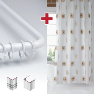 Tropik Home Kare Kahve Desen Banyo Perdesi Askı Hediyeli 180X200CM Tek Kanat Duş Perdesi, L Boru Hediyeli