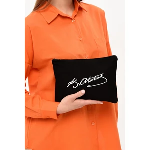 Çınar Bez Çanta Clutch Atatürk Baskılı Siyah Kanvas Makyaj Çantası