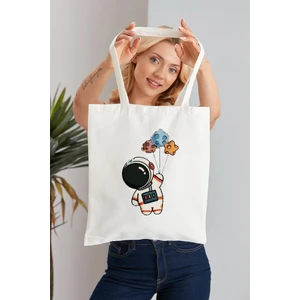 Elimin Ucunda Astronot Model Baskılı Günlük Kullanım Özel Baskı Bez Omuz Çantası Hediyelik Tote Bag