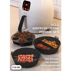 Airfryer Ustası Pişirme Seti 3'lü Silikon Pişirme Kabı Kalıbı Kağıdı