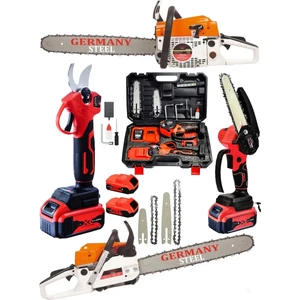 Germany Steel 3'lü Set 7.9 Hp Benzinli Odun Ağaç Kesme Hızar Motoru 128VF Şarjlı Dal Budama Makası ve Testere 3set-Gry1