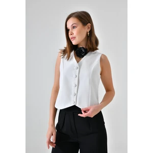 Beyaz Fitted Düğmeli Dokuma Yelek