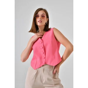 Pembe Fitted Düğmeli Dokuma Yelek