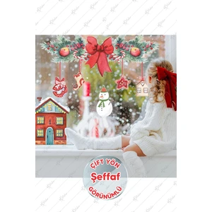 Çocuk Odası Yılbaşı Sticker Seti – Kırmızı Beyaz Fiyonk ve Kardan Adam Desenli Şeffaf 50x70 cm Dekor