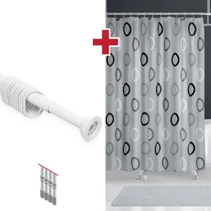 Tropik Home Polyester Kumaş Geometrik Desen Gri Banyo Perdesi Askı Aparatı Hediyeli C-Halkalı Duş Perdesi