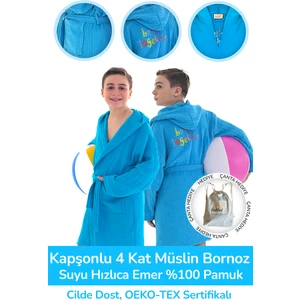 Kapşonlu 4 Kat Müslin Çocuk Bornoz %100 Pamuk Kız Ve Erkek Çocuk Bornozu Blue Bee