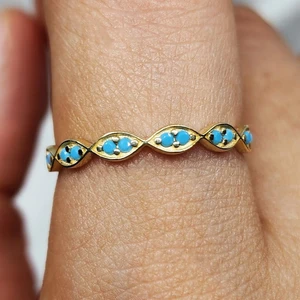 Fasek Gold Gümüş Yüzük -  Göz Sıralı Firuze Taşlı Minimal Modern Tasarım 925 Ayar Alynas Gümüş Yüzük