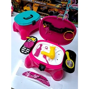 Tabure Güzellik Seti 18 Parça Tutma Saplı Kilit Üst Kapak Oturak Oyuncak Içi Make-Up 32X25X17CM