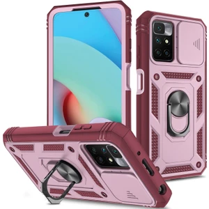 4U Sky Xiaomi Için Redmi 10 4g (2021)/REDMI 10 2022 4g/redmi Not 11 4g (Mediatek) Kamera Lens Koruyucu Kasa Pc+Tpu Kickstand Kapağı Kart Yuvası-Pembe/koyu Kırmızı (Yurt Dışından)