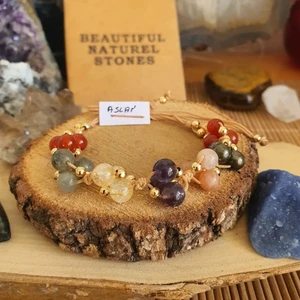NBS Beautiful Naturel Stones Aslan Burcu Doğal Taş Bileklik ( Pirit, Sitrin, Labradorit , Akik ,ametist , Güneş ) 6 mm El Örmesi