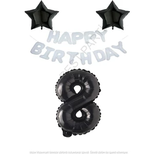 Beyaz Happy Bırthday Set Siyah Yıldız ve Rakam Folyo Balon Seti Yaş 8