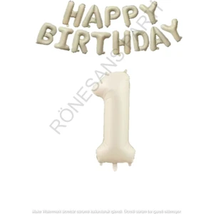 Bej Rengi Happy Bırthday ve Rakam Folyo Balon Seti Yaş 1