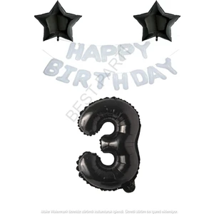 Beyaz Happy Bırthday Set Siyah Yıldız ve Rakam Folyo Balon Seti Yaş 3