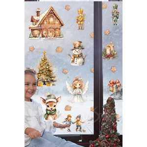 Yeni Yıl Masalı, Sevimli Yılbaşı Figürleri Sticker Seti, Kış Yılbaşı Süsü Sticker Cam Duvar Sticker