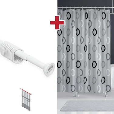 Tropik Home Polyester Kumaş Geometrik Desen Gri Banyo Perdesi Askı Aparatı Hediyeli C-Halkalı Duş