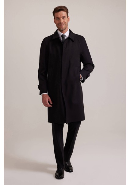 Erkek Siyah Regular Fit Gabardin Pardesü