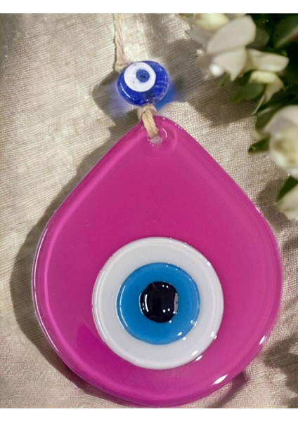 Orta Boy Pembe Damla Desen Nazar Boncuklu Duvar Dekoru Cam Duvar Süsü