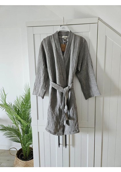 4 Kat Müslin Pamuk Antrasit Açık Gri Kimono Unisex L Bornoz - Sabahlık