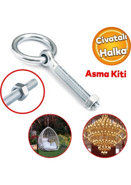 Delikli Halkalı Metal Paslanmaz Civata M10 Somunlu Sabitleme Çekme Kaldırma Tavan Kancası Asma Kit
